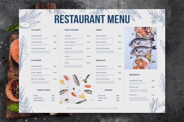 Menú de restaurante con mariscos