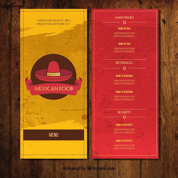 Vector gratuito menú para restaurante mejicano amarillo y rojo