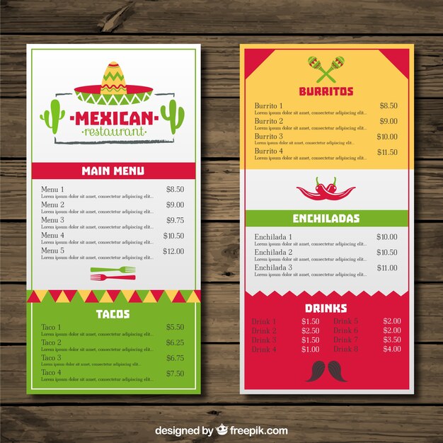 Menú de restaurante mexicano con colores  y sombrero mexicano