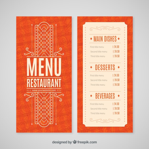 Menú de restaurante naranja con ornamentos