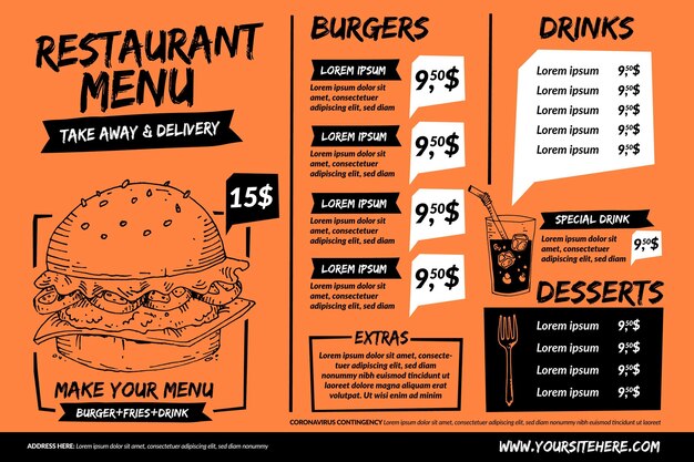 Menú de restaurante naranja para plataforma digital en formato horizontal
