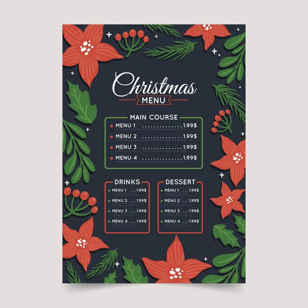 Menú de restaurante navideño festivo dibujado