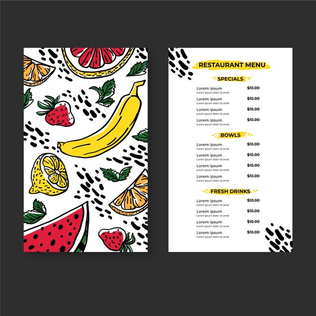 Menú de restaurante orgánico saludable de alimentos y bebidas frescas