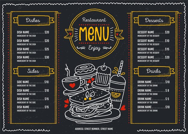 Menú de restaurante oscuro para plataforma digital en formato horizontal