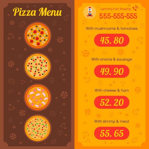 Vector gratuito menú de restaurante de pizza