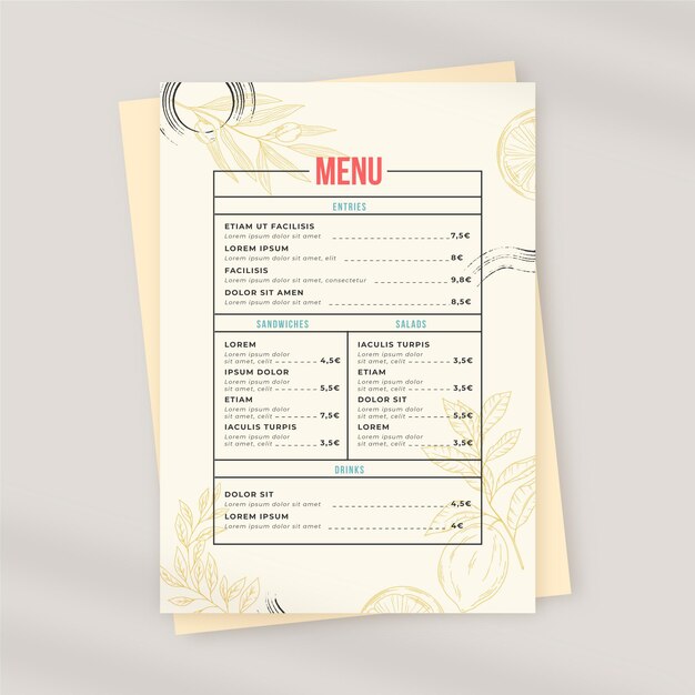 Menú de restaurante rústico dibujado a mano grabado