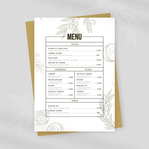 Menú de restaurante rústico dibujado a mano grabado