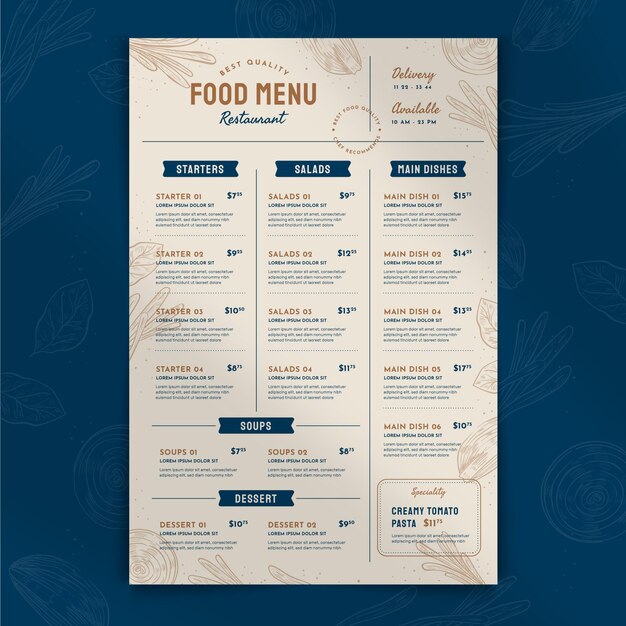 Menú de restaurante rústico dibujado a mano grabado