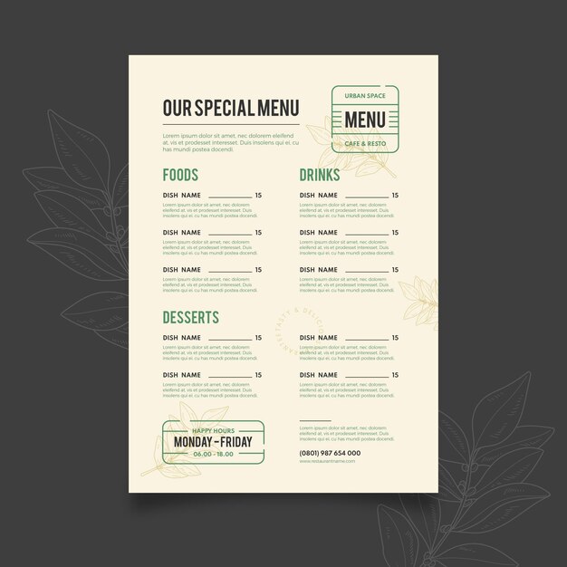 Menú de restaurante rústico plano orgánico