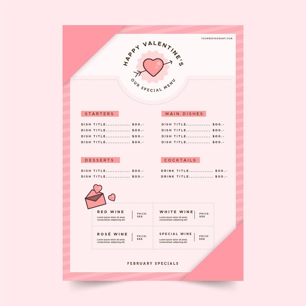 Menú de restaurante de san valentín en diseño plano