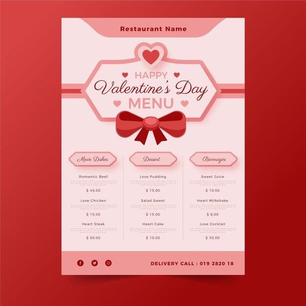 Menú de restaurante de san valentín en diseño plano