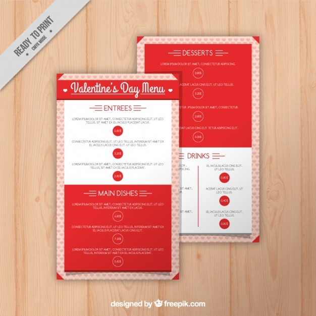 Vector gratuito menú de restaurante en tonos rojos para el día de san valentín