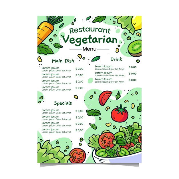 Menú de restaurante vegetariano dibujado a mano