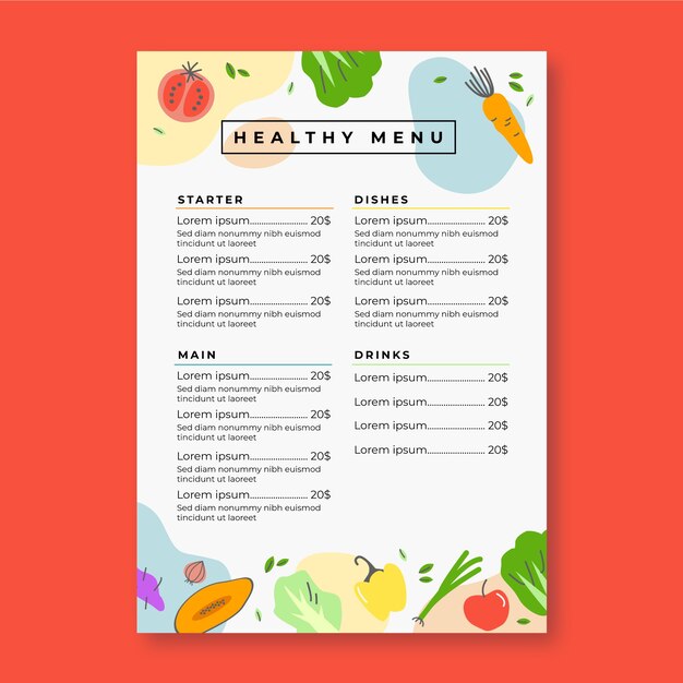 Menú de restaurante de verduras frescas