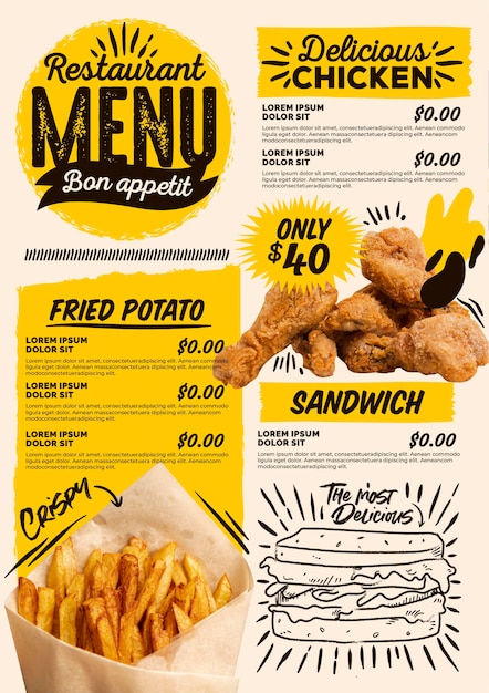 Vector gratuito menú de restaurante vertical digital de carne y patatas fritas