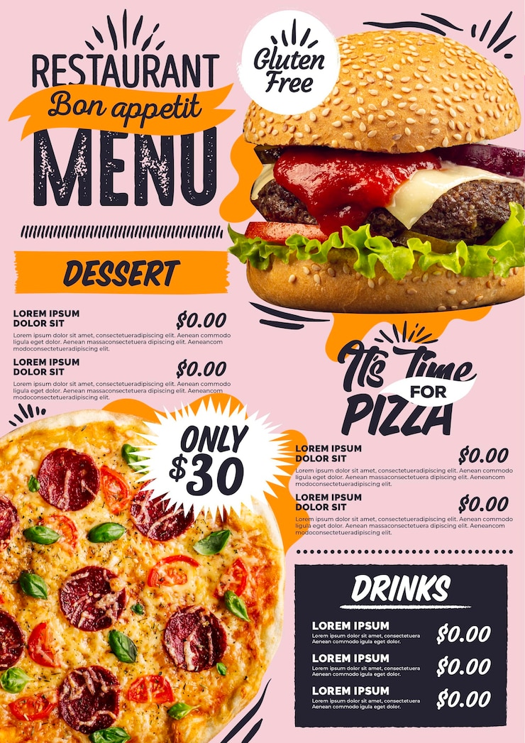 Vector gratuito menú de restaurante vertical digital pizza y hamburguesa