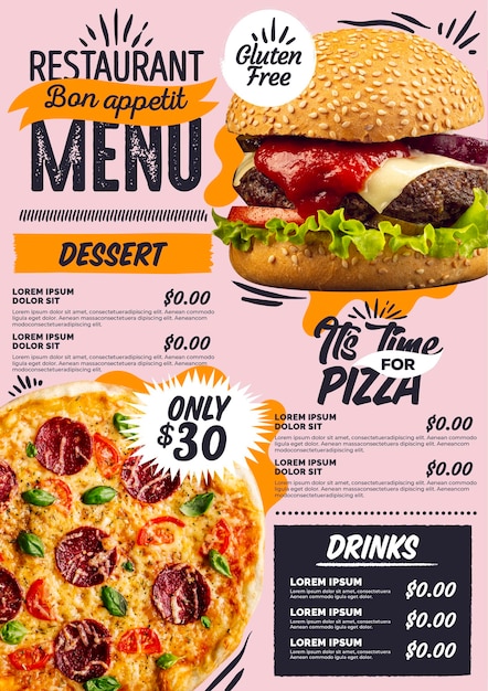 Menú de restaurante vertical digital pizza y hamburguesa
