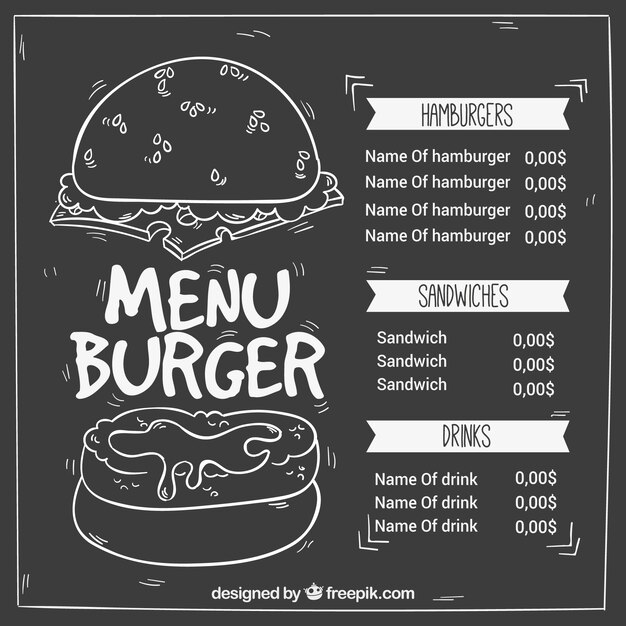 Menú retro de hamburguesería en una pizarra