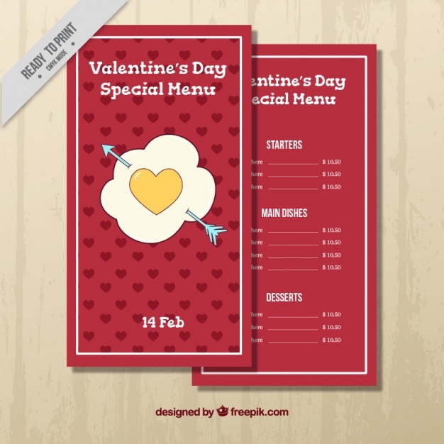 Menú rojo con corazón amarillo para el día de san valentín