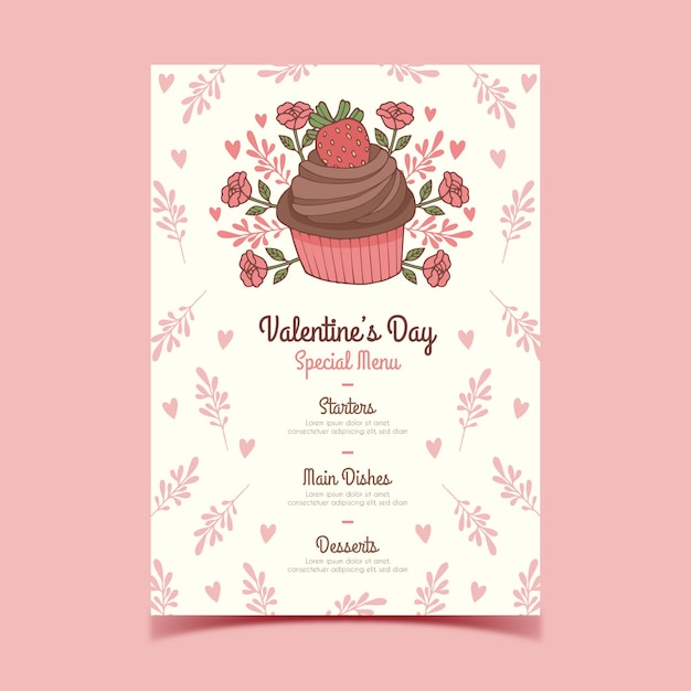 Menú de san valentín dibujado a mano con cupcake floral