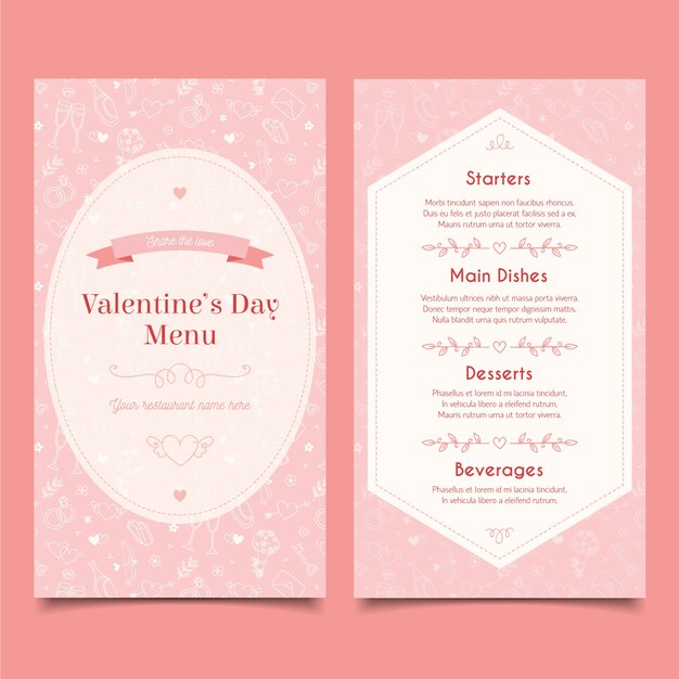 Menú de San Valentín dibujado a mano de plantilla