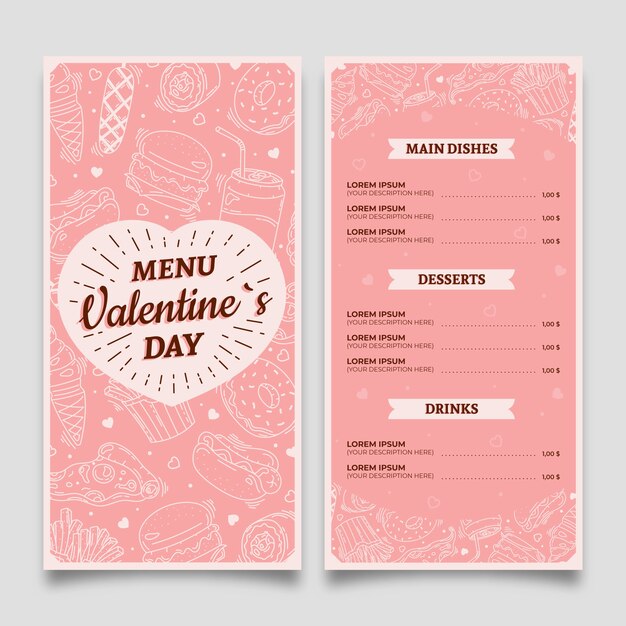 Menú de san valentín dibujado a mano