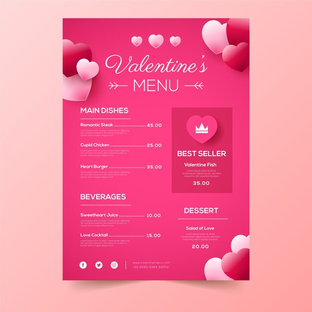 Menú de San Valentín en diseño plano