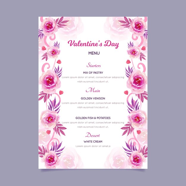Menú de San Valentín plantilla acuarela