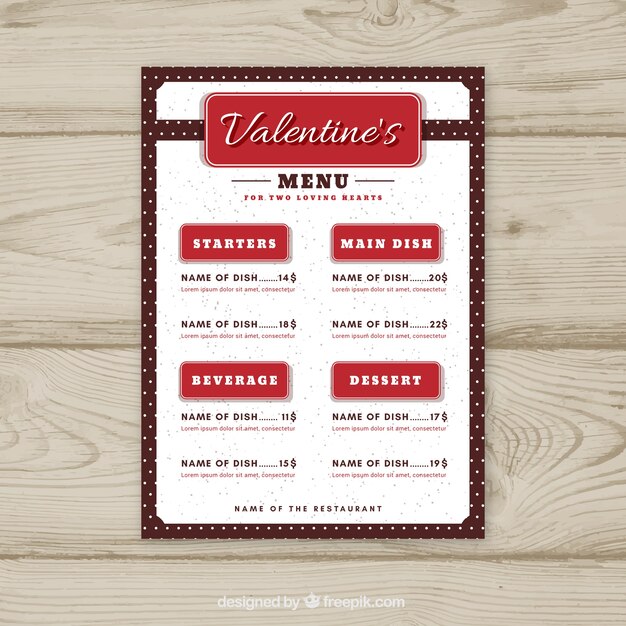 Menú de san valentín vintage