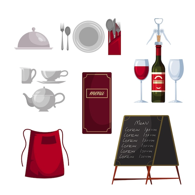 Vector gratuito menú de utensilios de cocina para restaurante juego de accesorios para mesa de servicio plato tenedor cuchara lista de pizarra botella descorchada sacacorchos vidrio teaset ilustración