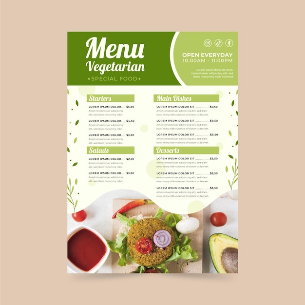 Menú vegetariano de diseño plano