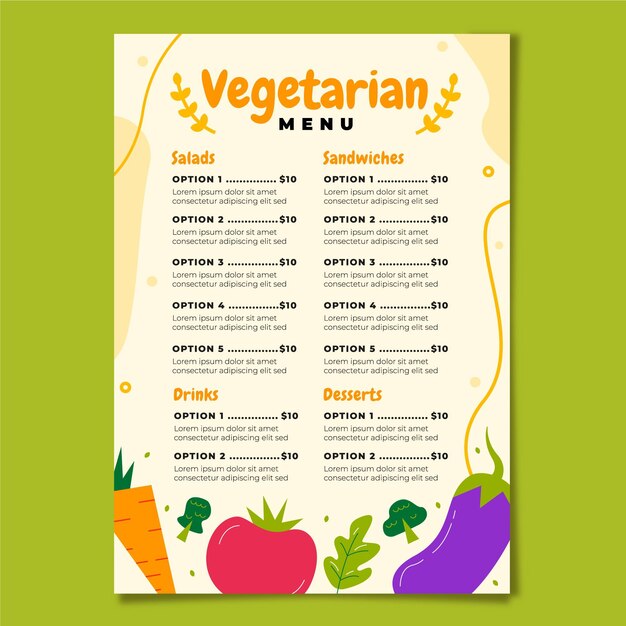Menú vegetariano estilo dibujado a mano