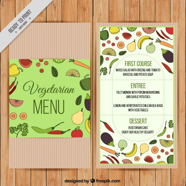 Menu vegetariano vintage con comida saludable dibujada a mano