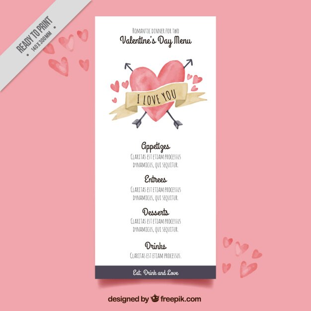 Menú vintage de san valentín de acuarela 