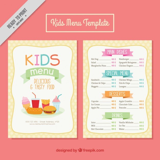 Menús de niños con comida deliciosa