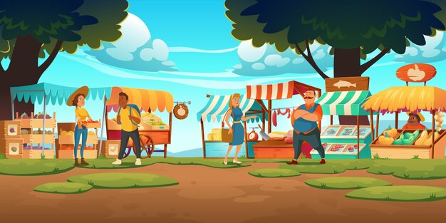 Mercado agrícola al aire libre con puestos, vendedores y clientes en verano. Stands de feria, quioscos de madera con productos ecológicos