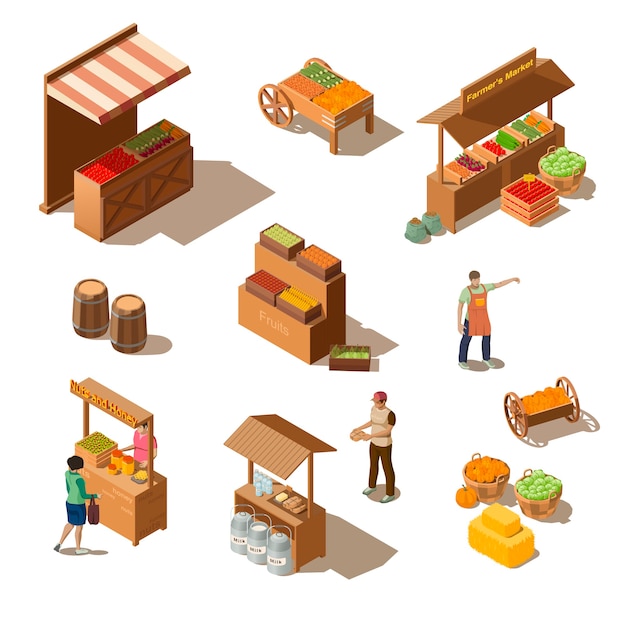 Mercado de agricultores con productos comestibles en estilo isométrico.