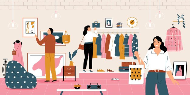 Mercado dominical de segunda mano con personas que eligen ropa retro ilustración vectorial plana
