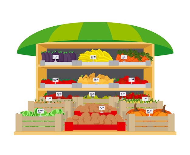 Mercado de frutas y verduras. Berenjenas y pimientos, cebollas y patatas, sanos y tomate, plátano y manzana, pera y calabaza. Ilustración vectorial