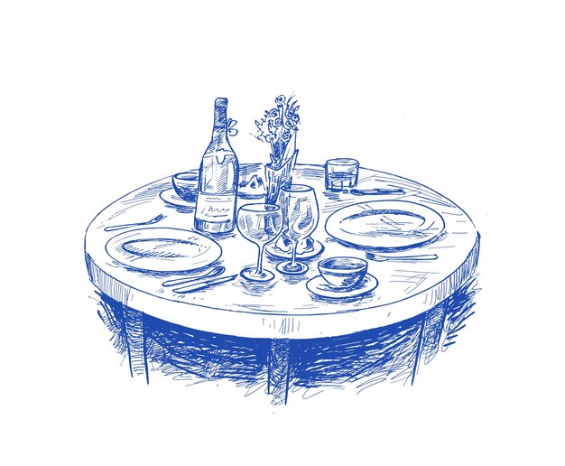 Mesa de comedor para la cita con copas de vino Ilustración de vector de boceto dibujado a mano