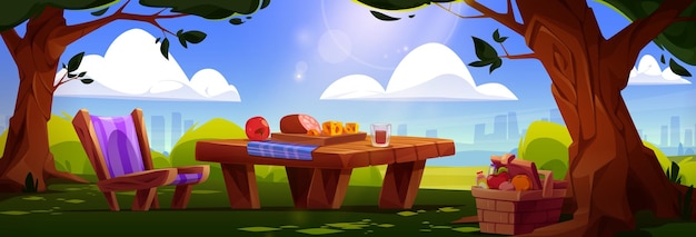 Vector gratuito mesa de dibujos animados de picnic con cesta de mimbre de comida y sillón en el parque de la ciudad bajo árboles verdes con rascacielos de la ciudad en el fondo vacaciones de fin de semana en un día soleado de verano con almuerzo en la naturaleza