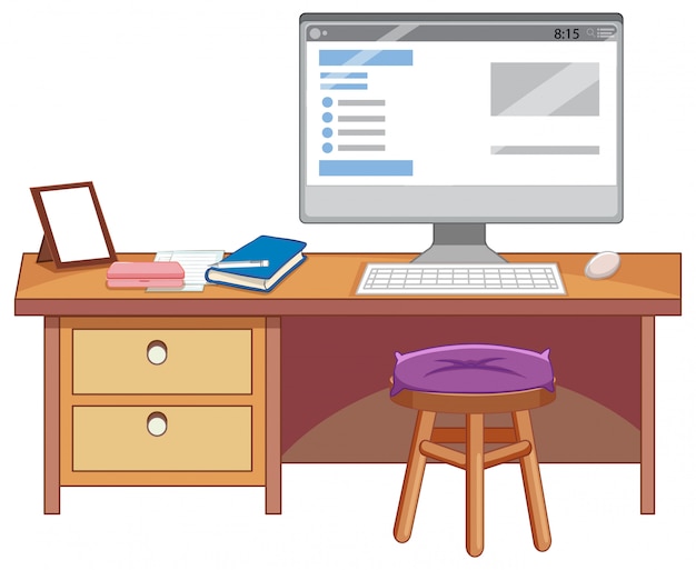 Una mesa de estudio sobre fondo blanco.