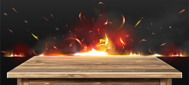 Mesa de madera de barbacoa caliente y picante con fuego y humo
