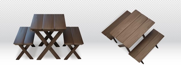 Mesa de madera para picnic con bancos en los lados