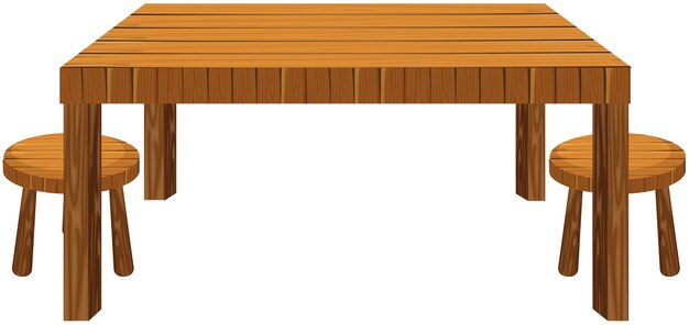 Mesa de madera y taburetes sobre fondo blanco.