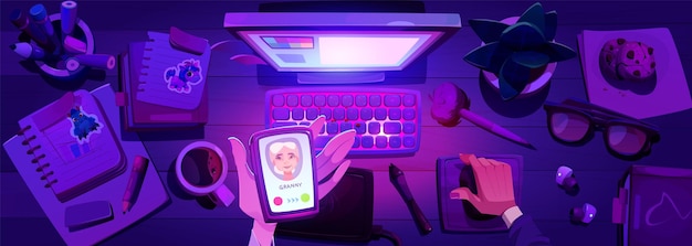 Mesa de oficina de trabajo nocturno con computadora y llamando a la abuela en el teléfono móvil ilustración vectorial empleada ocupada mujer sobrecargada de trabajo por la noche concepto de gestión de presión de fecha límite y vista superior del escritorio
