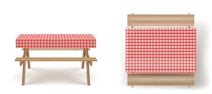 Vector gratuito mesa de picnic de madera con vector de mantel de bancos