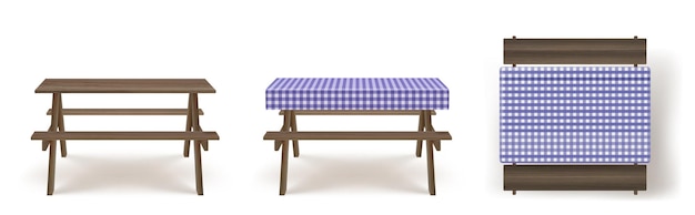 Mesa de picnic de madera con vector de mantel de bancos