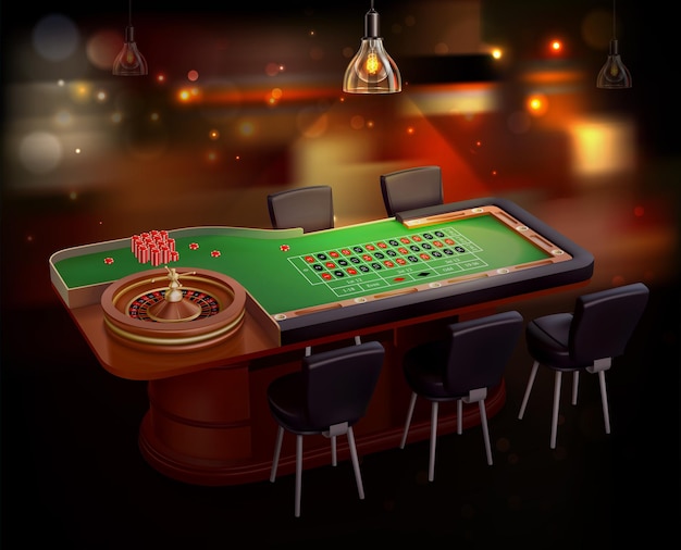 Mesa de ruleta clásica en la sala del casino con carrete de rueda giratoria y chips ilustración realista
