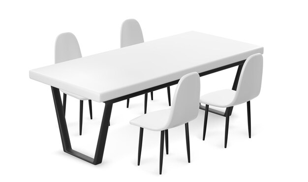 Mesa y sillas 3D blancas aisladas en el fondo